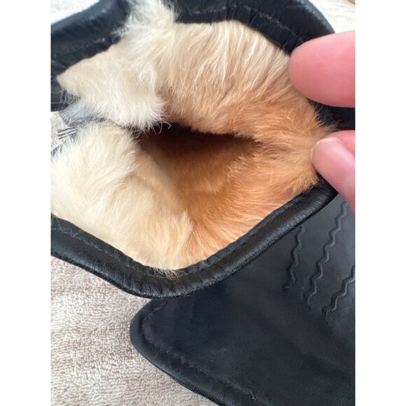 Black Leather Fur Lined Gloves Size Large Women's Old Money Mob Wife - Picture 5 of 5